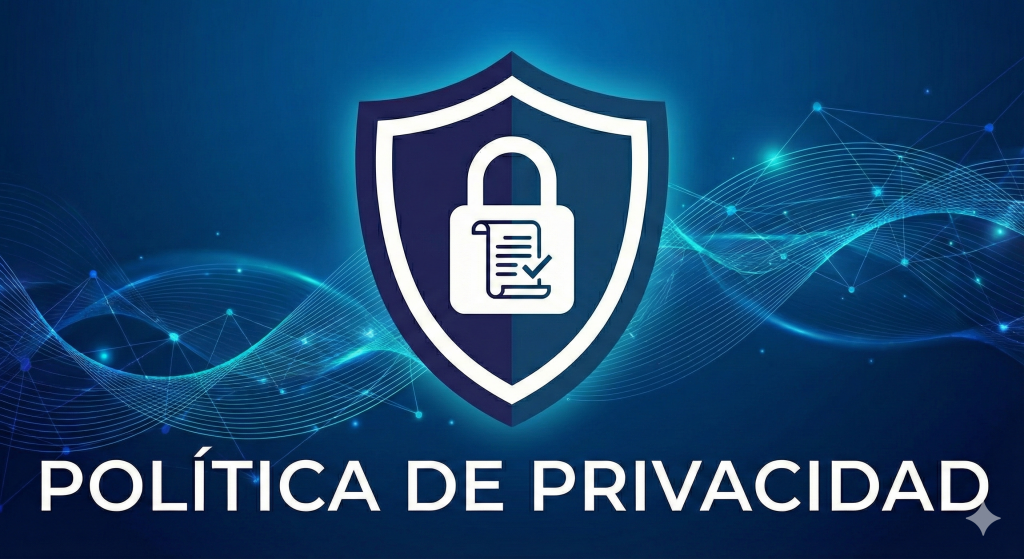 Escudo de seguridad azul con candado y documento sobre fondo tecnológico, representando la política de privacidad de Geocaching Spain.